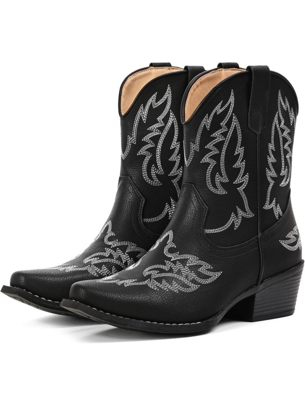 Women's Black Ankle Cowgirl Boots Mid Calf Snip Toe Chunky Heel Short Booties